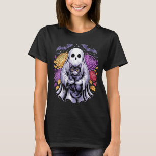 T-shirt Femmes Fantômes Chats Fleuris Citrouille Mignon No