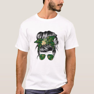 T-shirt Femmes Green Messy Bun Shamrock Irish Leprechaun S