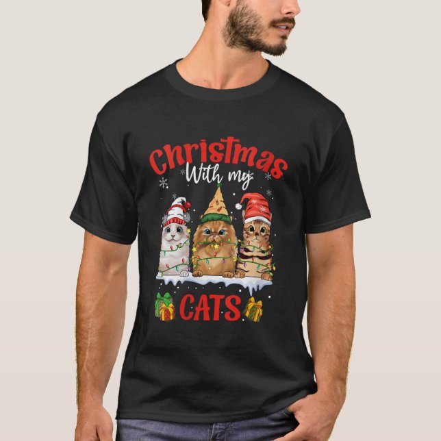 T-shirt Femmes Joyeuses et brillantes avec les chats Noël  (Devant)