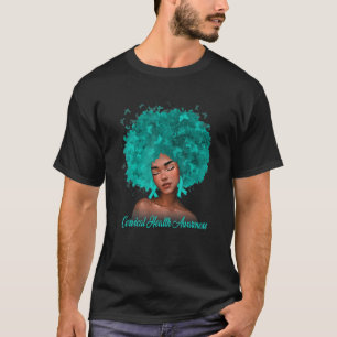 T-shirt Femmes Noir Melanin Turquoise Ruban Santé cervical