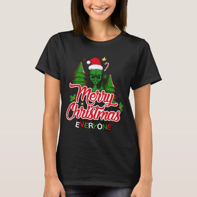 T-shirt Festive Alien vert brandissant Joyeux Noël 2023 (Devant)