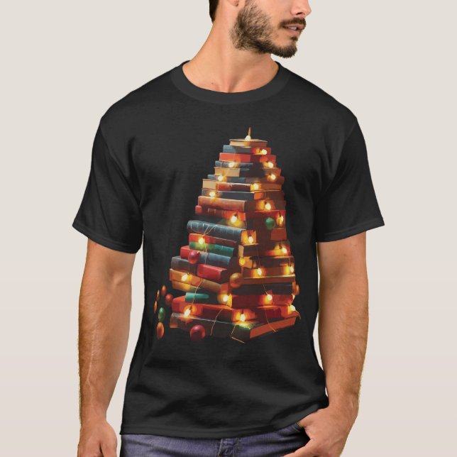 T-shirt Festive Book Christmas Tree with String Lights (Devant)