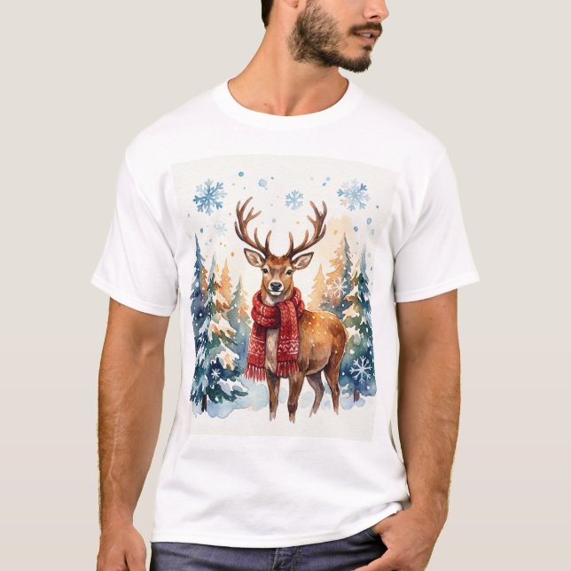 T-shirt Festive Deer in Snowy Forest (Devant)
