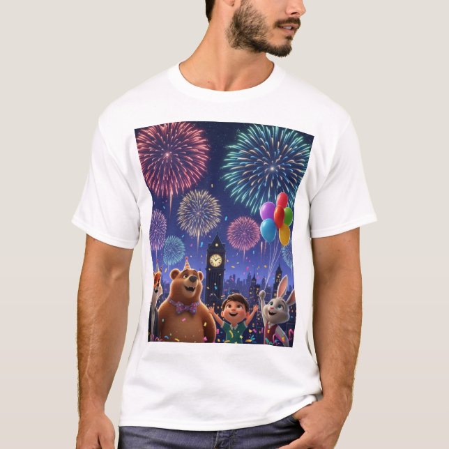 T-shirt Festive London Fireworks with Cute Animal Friends (Devant)