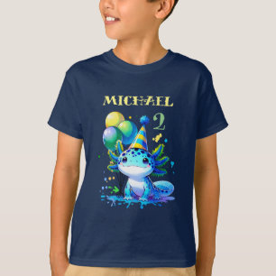 T-shirt Fête d'anniversaire du garçon Axolotl bleu et vert