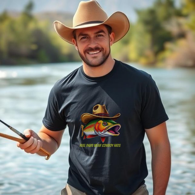 T-shirt Fête des pères Drôle Poisson Porté un Casquette Co (Funny T shirt for Men Father's Day T shirt Trout wearing a cowboy hat Fisherman Core cowboy fishing)