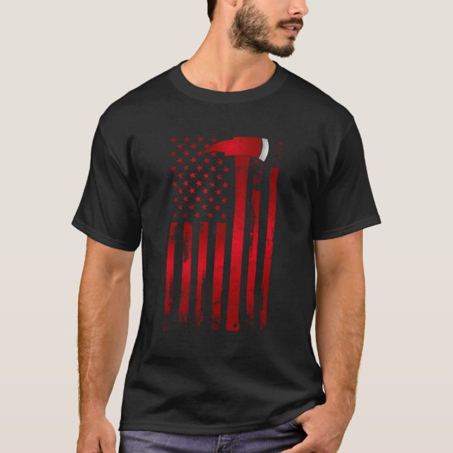 T-shirt Feu cadeau Fireman mince Red Line American Flag Ax (Devant)