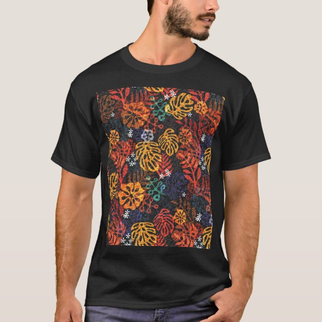 T-shirt Feuilles exotiques sur denim, impression transpare (Devant)