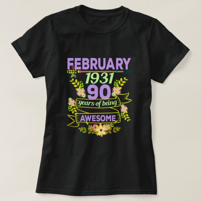 T-shirt Février Fille 1931 90e anniversaire Cadeau (Design devant)
