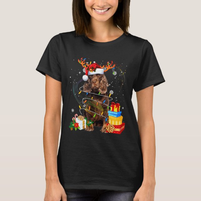 T-shirt Field Spaniel Reindeer Feux de Noël Drôle Chien (Devant)