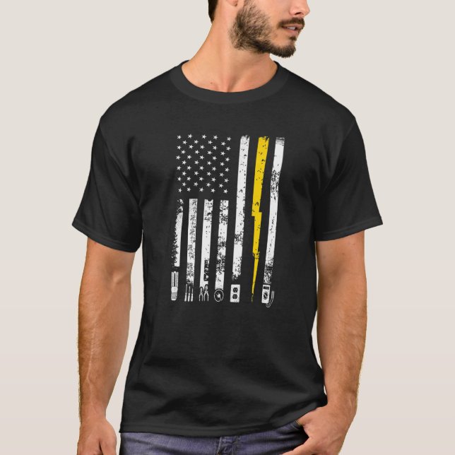 T-shirt Fier Électricien Us Outils Drapeau Lin Électrique (Devant)