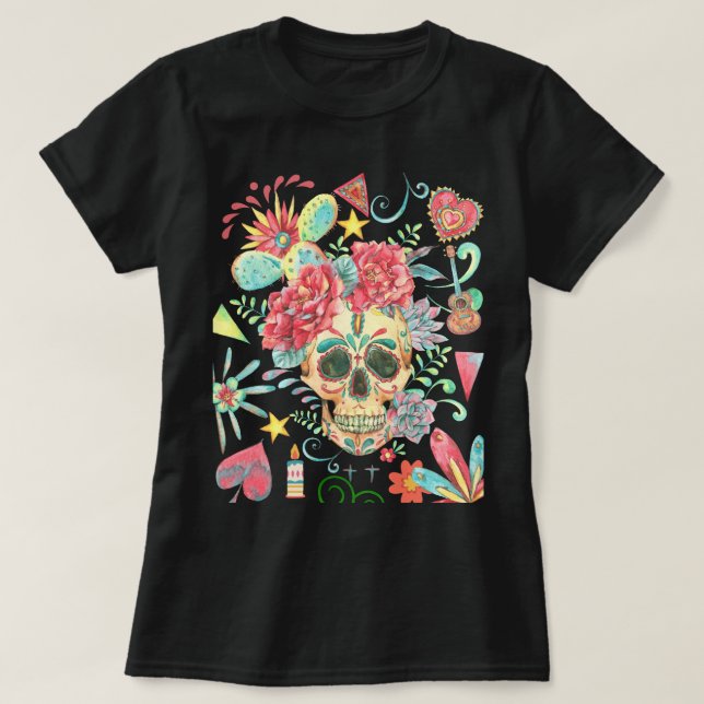 T-shirt Fiesta de crâne de sucre de couleurs (Design devant)