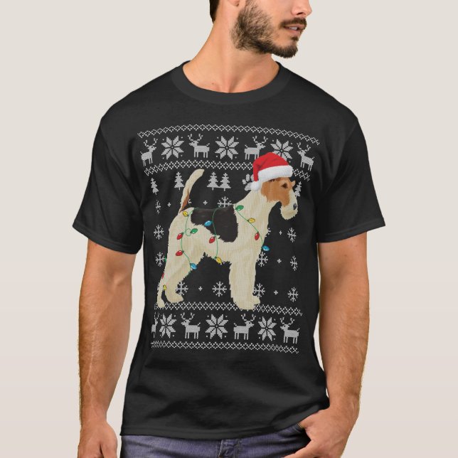 T-shirt Fil Fox Terrier Noël lumières laides Santa Hat D (Devant)