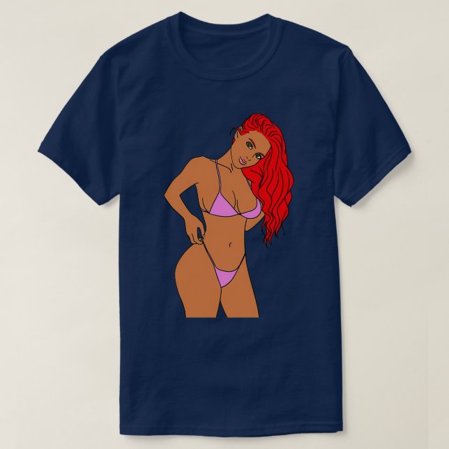 T-shirt Fille à tête rouge en bikini rose (Design devant)