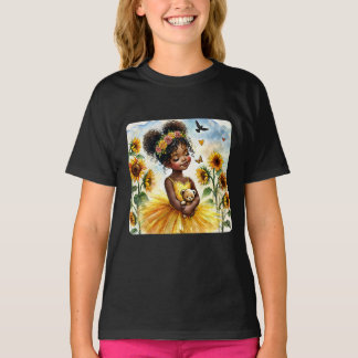 T-shirt Fille afro-américaine avec des tournesols et Teddy