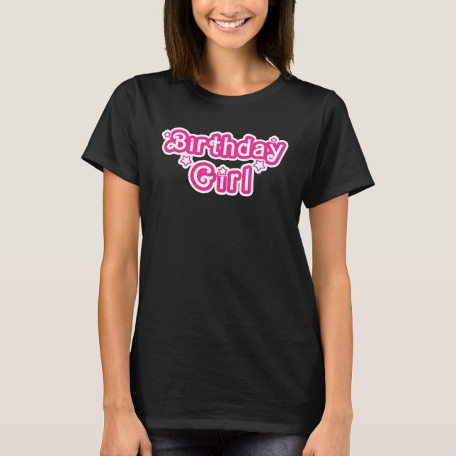 T-shirt Fille Anniversaire Rose & Blanc Avec Étoiles (Devant)