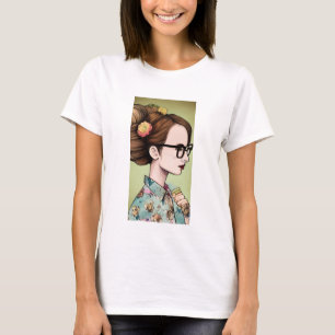 T-shirt Fille asiatique nerd tenant des livres