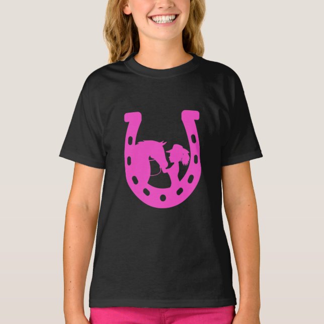 T-shirt Fille avec cheval et Casquette occidental Hot rose (Devant)