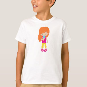 T-shirt Fille Avec Crème De Glace, Cheveux Orange, Mignonn