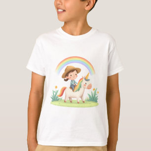 T-shirt Fille chevauchant une licorne sous un arc-en-ciel