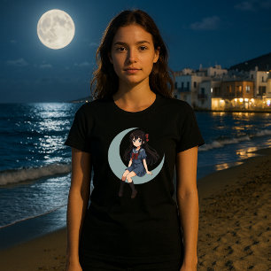T-shirt Fille d'anime assise sur un croissant de lune