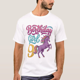 T-shirt Fille d'anniversaire 9 Licorne Dessin de gravure v