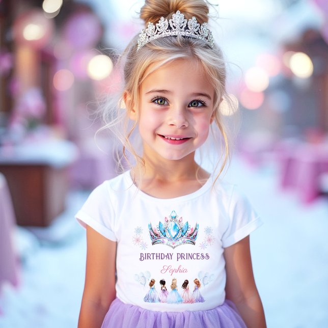 T-shirt Fille d'anniversaire Princesse Couronne rose bleu  (Birthday Girl Princess Crown Pink Blue Winter T-Shirt)