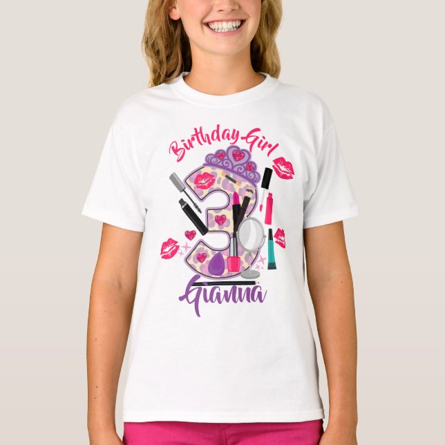 T-shirt Fille d'anniversaire trois 3 | Maquillage Spa | (Devant)