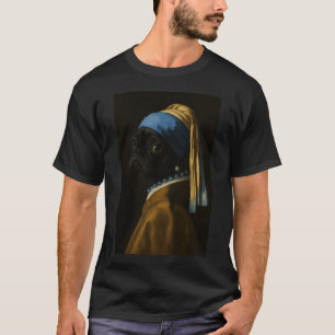 T-shirt Fille de chien pug noir perle émail peinture art m