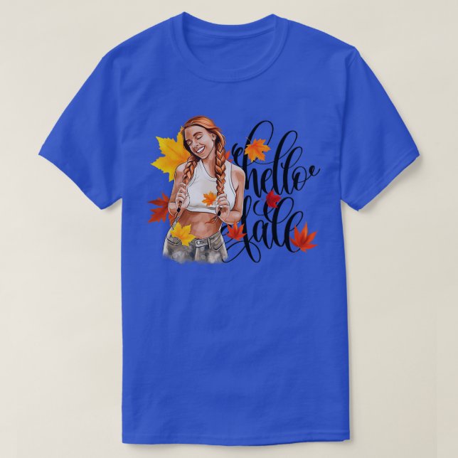 T-shirt Fille de mode rousse dans les feuilles d'automne e (Design devant)