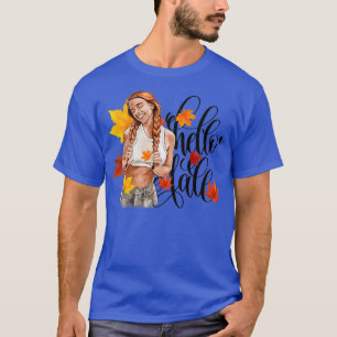 T-shirt Fille de mode rousse dans les feuilles d'automne e