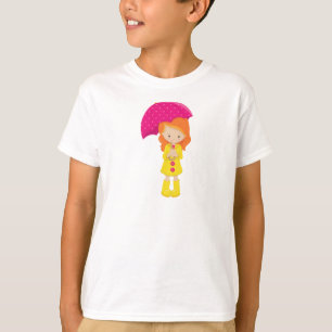 T-shirt Fille En Manteau De Pluie, Fille Avec Parapluie, C