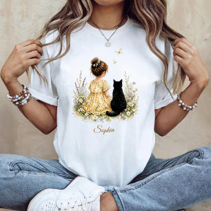 T-shirt Fille et chat noir