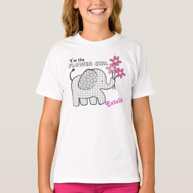 T-shirt Fille Fleur En vichy Eléphant Fleurs Roses (Devant)