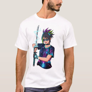 T-shirt Fille guerrière Anime - Cyberpunk Neon Katana