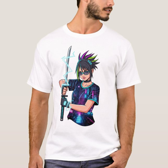 T-shirt Fille guerrière Anime - Cyberpunk Neon Katana (Devant)