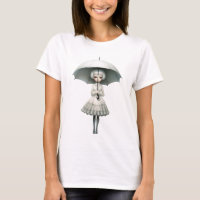 Fille utilisant un parapluie dans une robe vintage