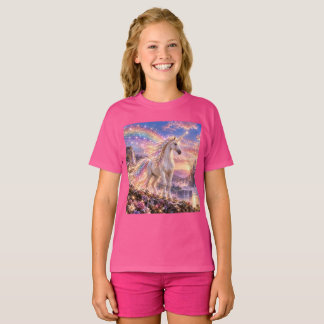 T-shirt Filles de Licorne de Arc-en-Ciel Enchantée Rose