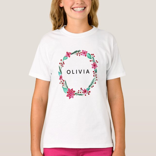 T-shirt Filles mignonne Aquarelle Fleur Wreath et nom (Devant)