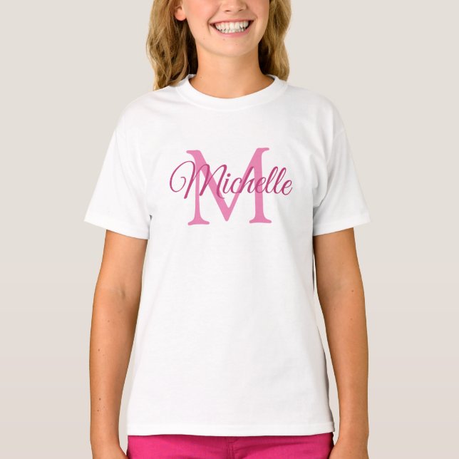 T-shirt Filles Nom Monogrammé Modèle Blanc Et Rose (Devant)