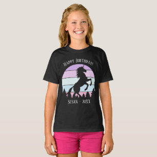 T-shirt Filles Vintage Sunset Unicorne Nom Date Anniversai