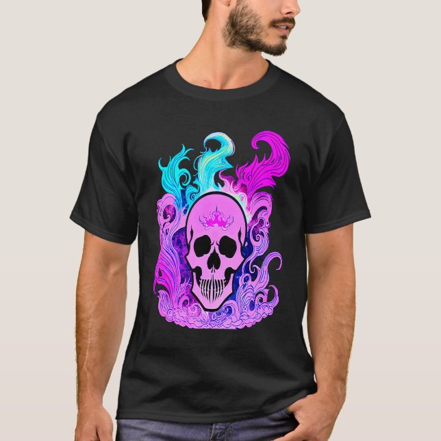 T-shirt Fire Skull Smoke Pink Skeleton Flames (Devant)