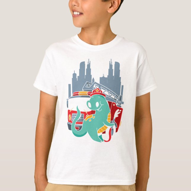 T-shirt Fire Truck Trex Garçons Pompier Dinosaur (Devant)