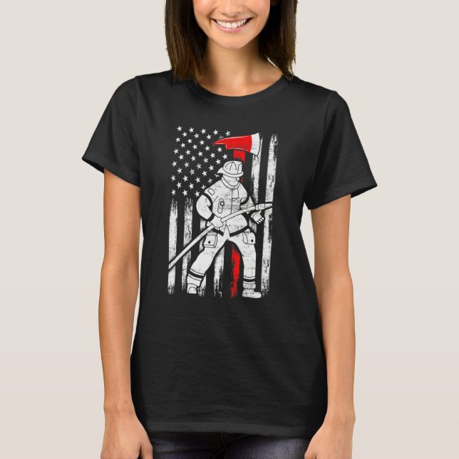 T-shirt Firefighter American Flag Patriotic US Fireman 4th (Devant)