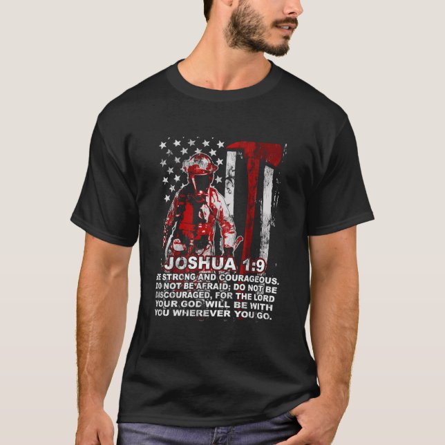 T-shirt Firefighter Axe Thin Red Line Us Flag Joshua 19 Ch (Devant)