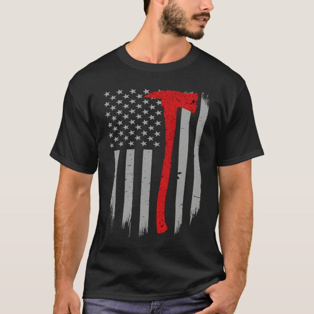 T-shirt Firefighter Flag  Thin Red Line Firefighter Axe (Devant)