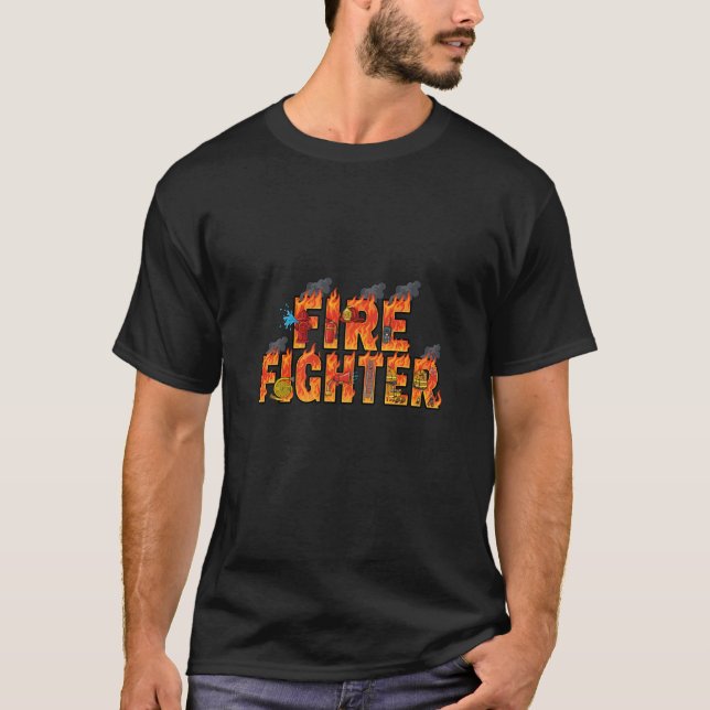T-shirt Firefighter Typography Art with Flames & Rescue  (Devant)