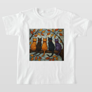 T-shirt Five Cats on a Tree Branch Stained Glass Style