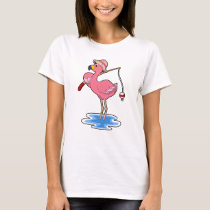 T-shirt Flamant rose à la pêche avec canne à pêche