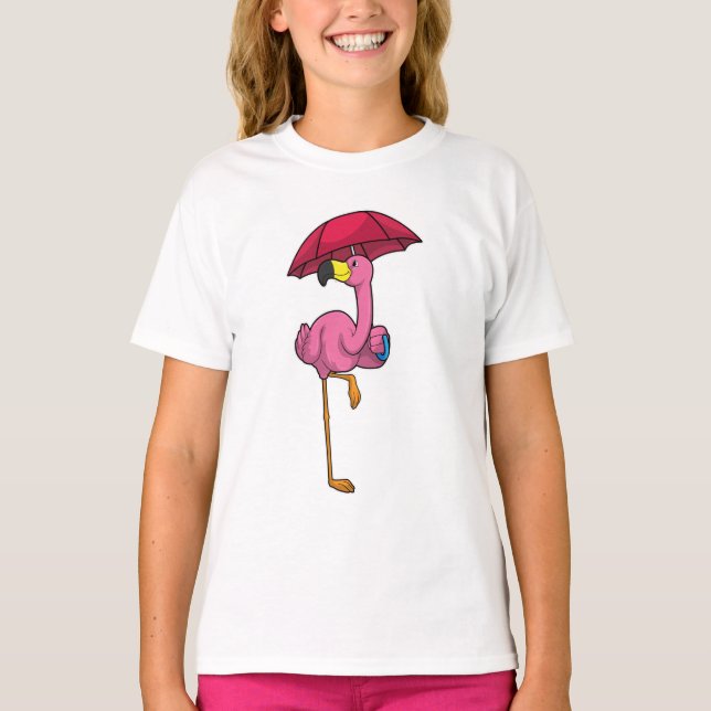 T-shirt Flamant rose à la pluie avec parapluie (Devant)